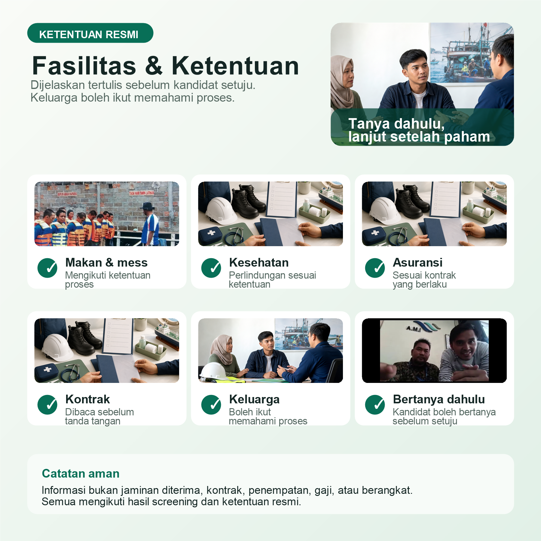 Infografis fasilitas, ketentuan, kontrak, asuransi, keluarga, dan tanya jawab sebelum kandidat setuju